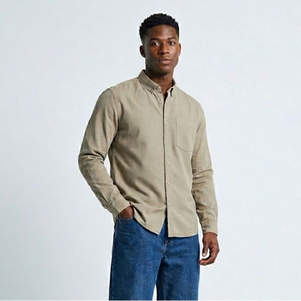 140 COS Men's Long Sleeve Relaxed Fit Khaki Cotton Casual Shirt, X-Large